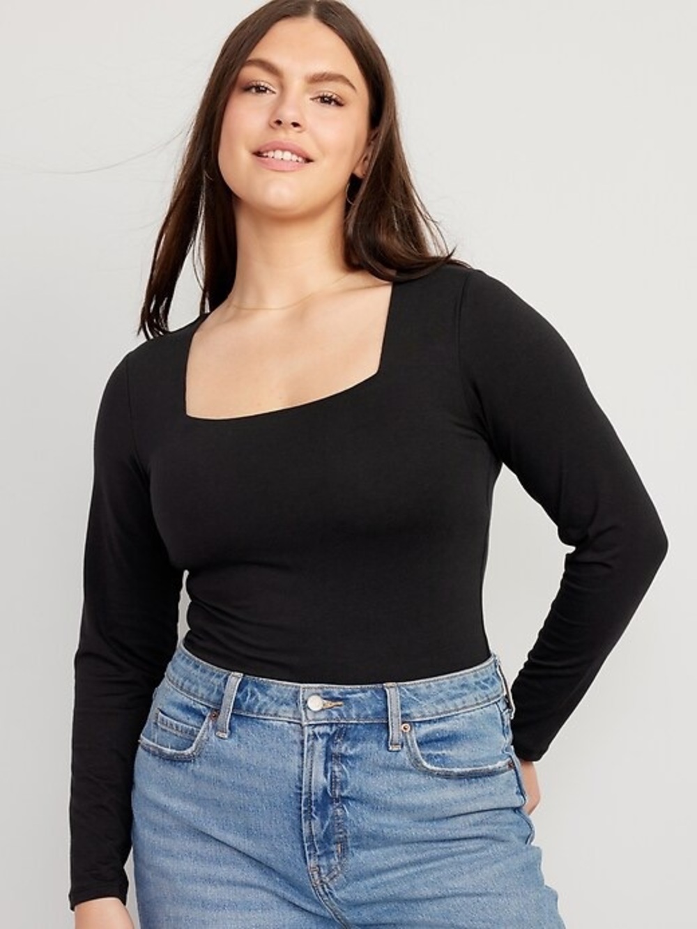 Black Long-Sleeve Square Neck Bodysuit